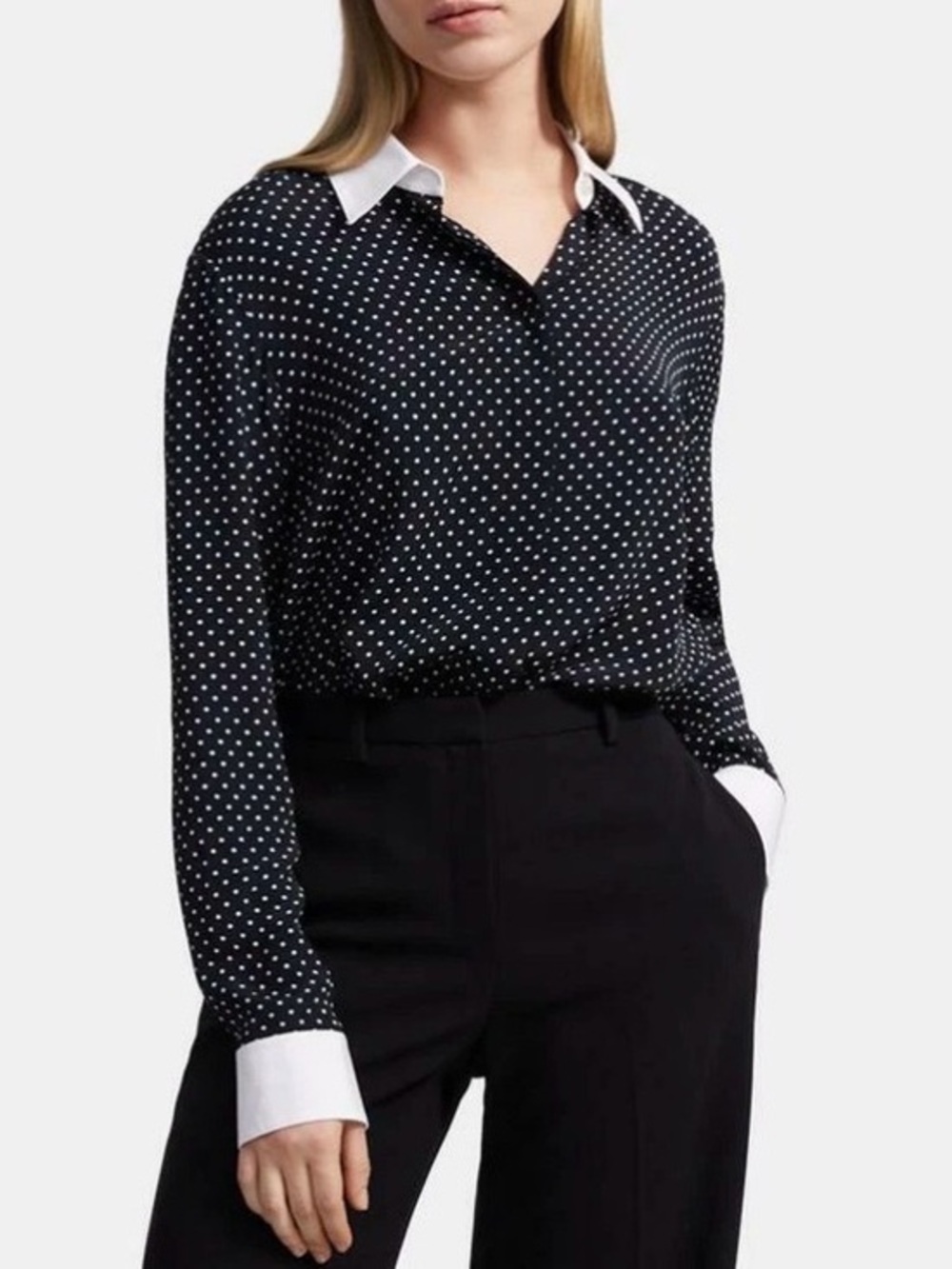 Theory Contrast Straight Shirt in Polka Dot Crepe Size Small